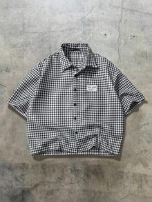 ROMWE MEN 男士休闲千鸟格印花短袖衬衫，夏季 - 彩色 - 查看 1