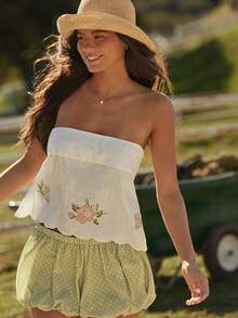 WESTFADE Strapless Floral Embroidered Needle Point Scalloped Babydoll Top - White - View 5
