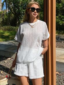 DAZY Women's Hollow Out T-Shirt 2 Pieces Set, Spring/Summer - White - View 2