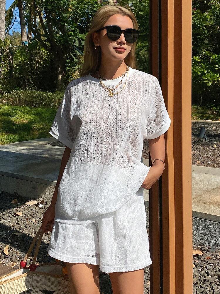 Women's Hollow Out T-Shirt 2 Pieces Set, Spring/Summer