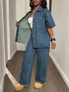 DAZY Women's Casual Denim Shirt Top And Wide Leg Pants Set - Blue - View 3