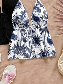 Soleia 2pcs Women's Casual Minimalist Blue Sun God & Palm Tree Print Halter Neck Backless Tie-Up Camisole Set, Suitable For Summer Vacation Spring - Multicolor - View 3