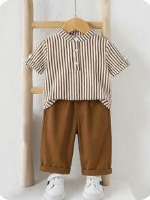 SHEIN Baby Boys Everyday Casual Co-Ord Set With Striped Stand Collar Short Sleeve Shirt And Long Pants Button Front Multicolored Polyester Outfit - Multicolor - View 1