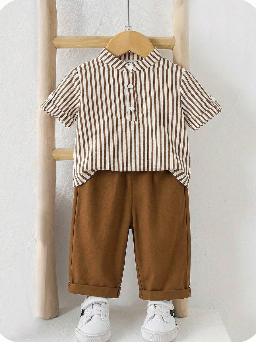 SHEIN Baby Boys Everyday Casual Co-Ord Set With Striped Stand Collar Short Sleeve Shirt And Long Pants Button Front Multicolored Polyester Outfit - Multicolor - View 1