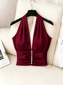 GlowEve 新款V领交叉领无袖亮面面料优雅通勤年轻百搭日常修身女式衬衫 - 酒紅色 - 查看 1