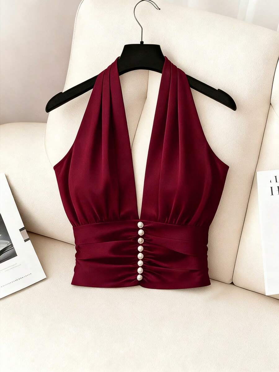 GlowEve 新款V领交叉领无袖亮面面料优雅通勤年轻百搭日常修身女式衬衫 - 酒紅色 - 查看 1