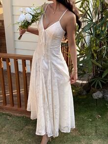 DAZY Textured Waist Cinching Midi Dress With Flared Skirt For Women - Beige - View 5