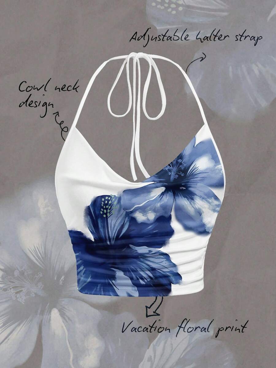 SHEIN EZwear Top minimalist casual, cu guler lat, mulat, versatil, imprimeu floral albastru - Multicolor - Vizualizare 1
