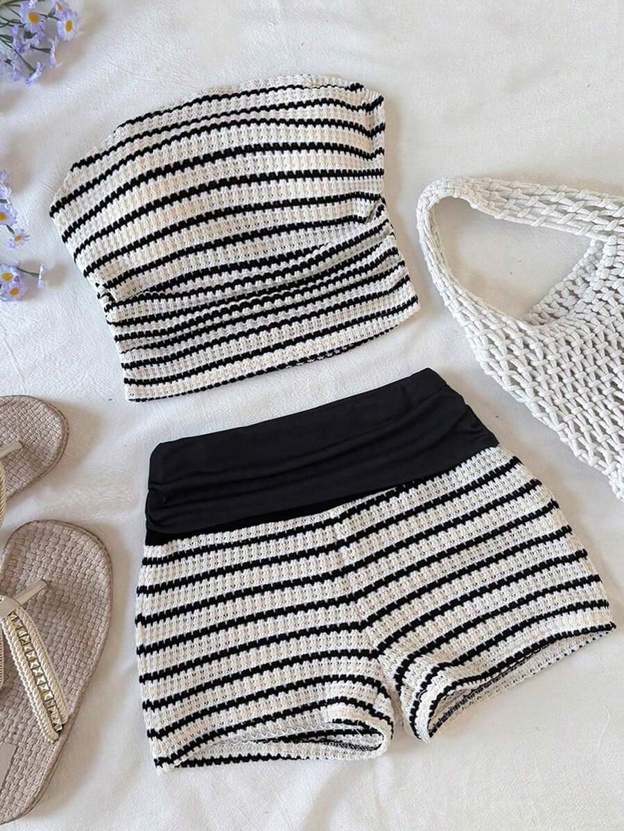 SHEIN 少女条纹抹胸上衣和短裤休闲套装 - 黑色 - 查看 1