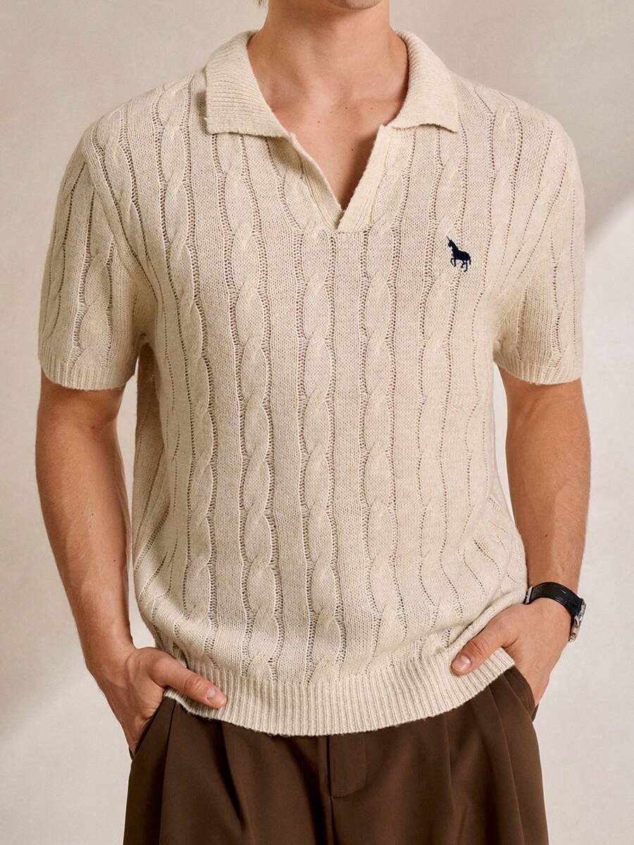 Manfinity Homme 男士夏季休闲独角兽刺绣短袖麻花针织上衣 - 杏色 - 查看 1