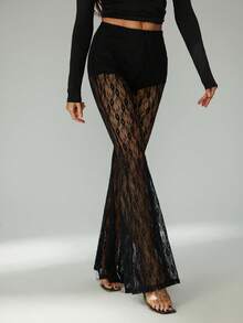 SHEIN Tall Women's Elastic Waist Floral Lace Straight Loose Fashion Pants Bell Bottom Pants See Through Pants Mesh Pants