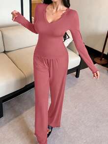 DAZY 两件套纯色舒适针织修身长袖V领T恤和直筒长睡裤女士睡衣套装 - 粉色 - 查看 5