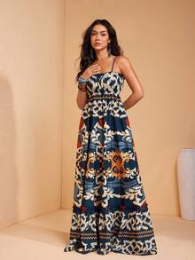 JIAN LASALA All-Over Print Spaghetti Straps Bustier Top Ruffled A-Line Loose Women Maxi Dress Boho Vacation - Multicolor - View 5