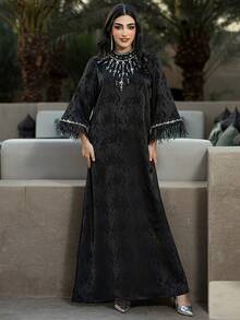 Layrah 优雅提花面料手工串珠羽毛袖口长裙，适合假日派对