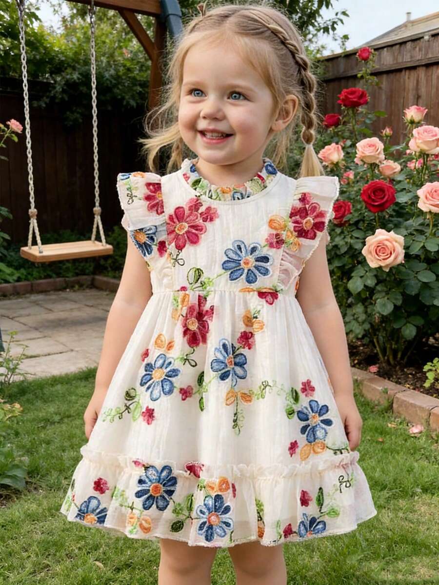 Souflis Souflis 1pc Baby Girls' Summer New Ruffled Collar Flutter Sleeve Back Zipper Elastic Waist Chiffon Embroidered Fabric Simple Versatile Cute Retro Vacation Elegant Princess Dress - Multicolor - View 1