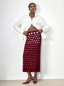 Maija Falda larga con adornos de lentejuelas para mujer, adecuada para fiestas, ir al trabajo, estilo casual elegante, ideal para primavera/verano, Día de San Valentín - Burdeos - Ver 3