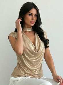 Firerie 女士新款优雅复古极简通勤围巾领修身真丝衬衫上衣，春夏秋季，情人节，优雅女士衬衫上衣，围巾领短袖女士上衣，教师节，优雅，通勤，商务，日常，极简，奢华，工作装 - 金色 - 查看 6