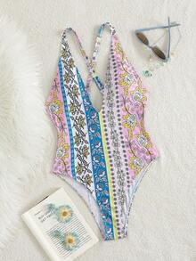 Bonvoyette 女士春夏沙滩音乐节印花V领露背甜美可爱风格连体泳衣 - 彩色 - 查看 3