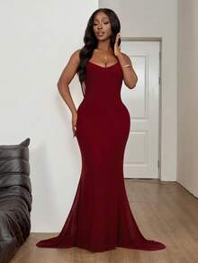 SHEIN PETITE CURVE 大码优雅性感露背吊带连衣裙 - 酒紅色 - 查看 5