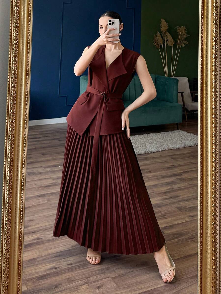 DAZY 2pcs Women's Cinched Waist Vest And Long Pleated Skirt Set, Elegant Urban Casual Outfit, Burgundy - Red - View 1