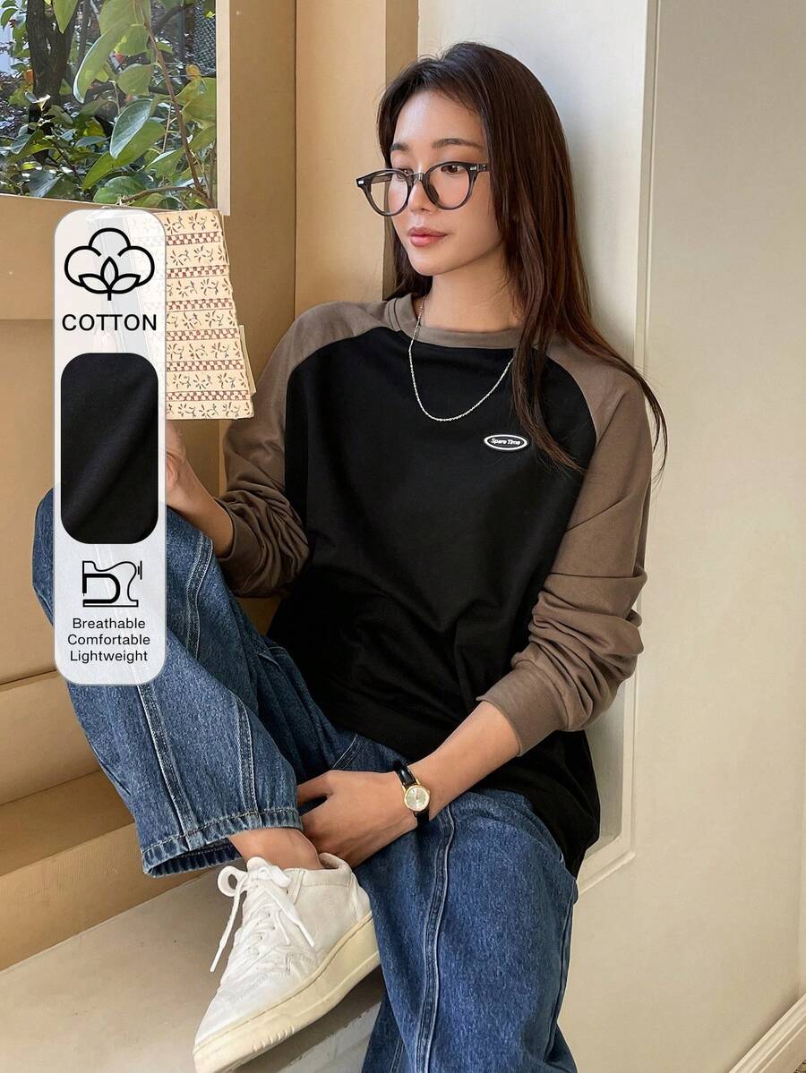 DAZY Áo thun tay lỡ phối màu chữ Raglan, quần áo mùa thu thời trang trẻ trung, áo dài tay cho nữ - màu đen - Xem 1