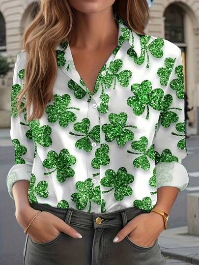 EMERY ROSE Parlak Yeşil Yonca Baskılı, Düğmeli, Uzun Kollu Kadın Gömleği, Aziz Patrick Günü ve Günlük Kullanım İçin Uygun, Şık Giyim | Yakalı Gömlek | Makinede Yıkanabilir