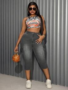 Slaydiva Plus Size Women Elastic Blue Vintage Fashion Pocket Skinny Jeans - Grey - View 5