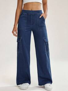 Flexra Quần jeans ống rộng có túi nắp, phong cách thường ngày năng động, thích hợp cho nữ đi làm. - Rửa trung bình - Xem 3