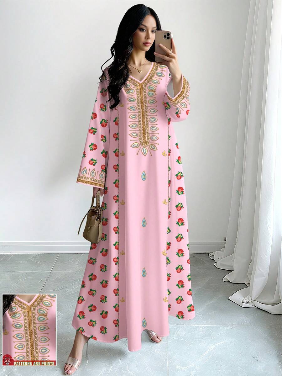 SHEIN Najma Women's Yellow Floral Faux Embroidery Print V-Neck Long Sleeve Elegant Arabic Maxi Dress, Spring/Autumn - Multicolor - View 1