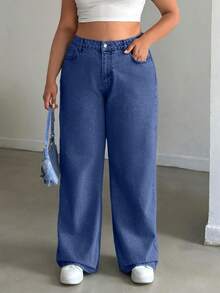 EURMUSE 100%Cotton HIGH RISE STRAIGHT CUT PLUS SZIE WOMEN JEAN - Dusty Blue - View 6