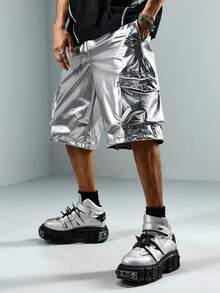 ROMWE MEN 男士夏季休闲时尚街头金属PU皮革翻盖口袋宽松工装短裤 - 銀色 - 查看 1
