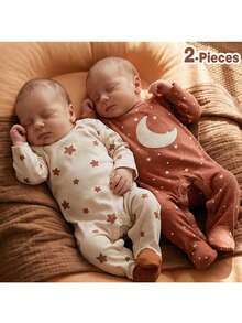 Loomiva Newborn Baby Girl Star Pattern Knitted Soft Crew Neck Long Sleeve Romper & Pants 2-Piece Set - Multicolor - View 1