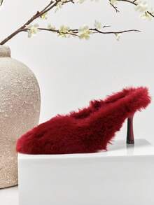 SHUZIA Women's Fashionable Sexy Stilettos Pointy Toe Faux Fur High Heel Pumps Valentine's Day - Burgundy - View 1