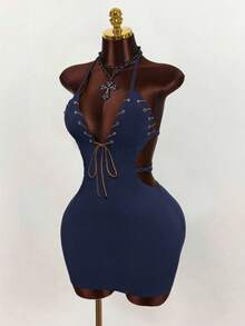 Mistrie Women's Navy Blue Tie-Up Sleeveless Dress - Navy Blue - View 6