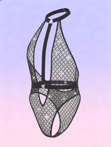 FeverCity 男士性感透视格子网眼水钻装饰镂空露背吊带连体衣