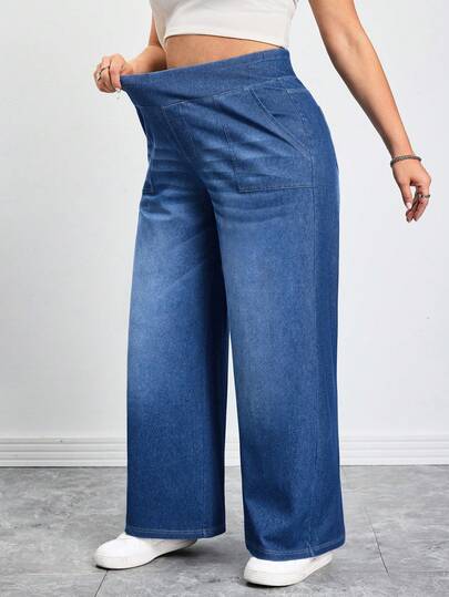 SHEIN CURVE+ Plus Size Casual Washed High Waist Straight Leg Jeans