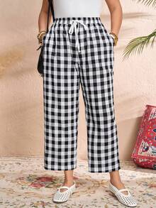 Rusticease Pantalones casuales de talla grande con estampado de cuadros y cordón en la cintura, estilo campestre para vacaciones de verano/primavera para mujeres - Blanco y Negro - Ver 4