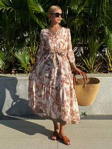 Bohemian Style Floral Print Long Flowy Dress For Women, Spring/Summer Sundress Boho - Apricot - View 6
