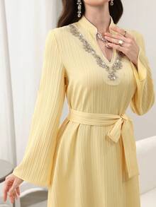 Yasmyna Elegant Women's Dress With Embroidered Beads, Rhinestones And Waist Tie, Long Sleeve, Fashionable And Graceful - Yellow - View 2
