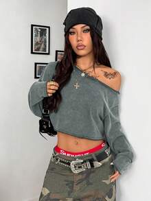 Coolane 男女秋冬街头风返校季颓废风纯棉舒适水洗黑色宽松不对称领长袖T恤 - 軍綠色 - 查看 2