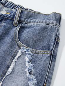 ROMWE MEN Street Life 青少年男孩星形贴片斜插口袋休闲牛仔短裤 - 藍色 - 查看 4