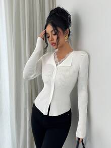 Selianne Fashionable V-Neck Contrast Lace Faux Cardigan Slim Casual White Sweater For Women - White - View 5