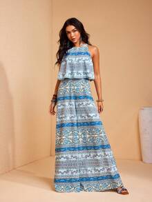 JIAN LASALA 女士度假休闲圆领无袖叠层阔腿长款连体裤，全身印花 - 藍色 - 查看 1