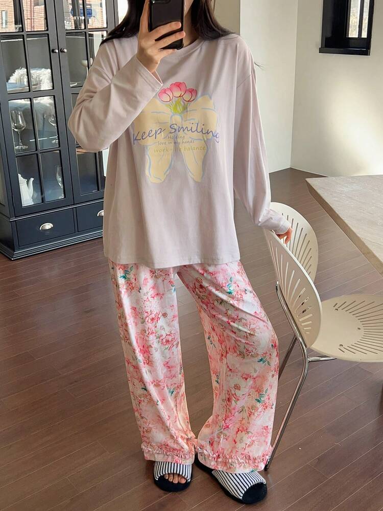 2pcs Women Floral Print Long Sleeve T-Shirt With Bow Design And Straight Leg Pants Pajama Set, Autumn