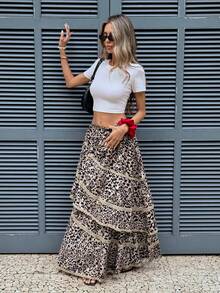 Serisse 女士豹纹弹力腰撞色蕾丝半身裙，时尚度假之选 - 彩色 - 查看 9