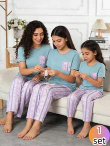 Girls Ditsy Floral Knit Casual Pajama Set With Short Sleeve Top And Long Pants, Fresh Home Wear For Spring/Summer - Multicolor - View 4