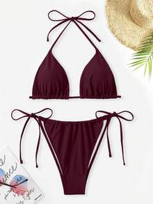 SHEIN Swim Curve Bộ bikini gợi cảm hở lưng, buộc dây cổ, màu trơn dành cho nữ cỡ lớn, thích hợp cho kỳ nghỉ hè trên bãi biển. - Màu Đỏ Sâu - Xem 1