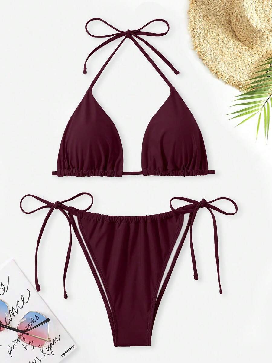 SHEIN Swim Curve Bộ bikini gợi cảm hở lưng, buộc dây cổ, màu trơn dành cho nữ cỡ lớn, thích hợp cho kỳ nghỉ hè trên bãi biển. - Màu Đỏ Sâu - Xem 1