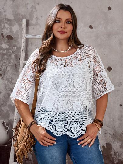 EMERY ROSE Blusa de manga corta con cuello redondo y flores solubles en agua, talla grande, para primavera/verano