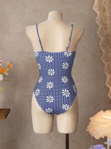Swim Mod 2026春夏女士沙滩套装，连体泳衣，优雅浪漫甜美可爱海岛度假风，艺术雏菊蓝白格纹印花，精致蕾丝花边装饰，细肩带修身连体泳衣，适合夏季度假、海滩、泳池、日常穿着。2026新款女士泳装到货，适合上学、度假、约会、下午茶、西式、邮轮、海滩、海岛、公路旅行、四季皆宜、音乐节、波西米亚风度假、凉爽秋季、西部波西米亚风、优雅女士泳衣，活泼假日彩色印花波西米亚复古泳衣，复古泳衣，女士雏菊泳衣，格纹泳衣，连体泳衣 - 藍色 - 查看 7